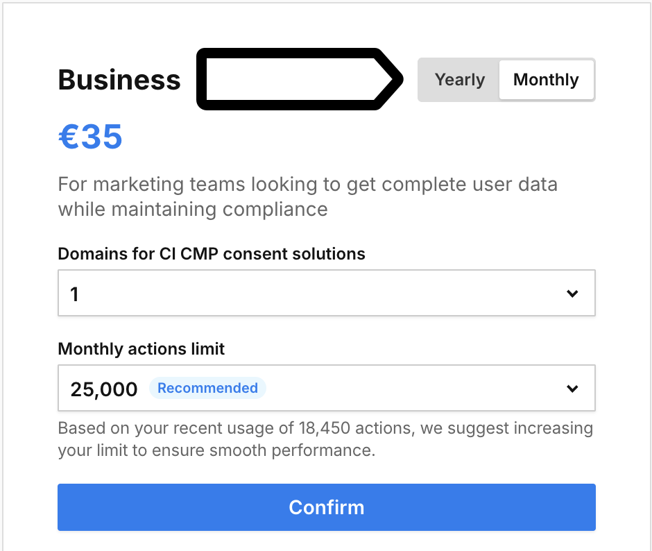 Choosing monthly or yearly payment for Piwik PRO Business plan
