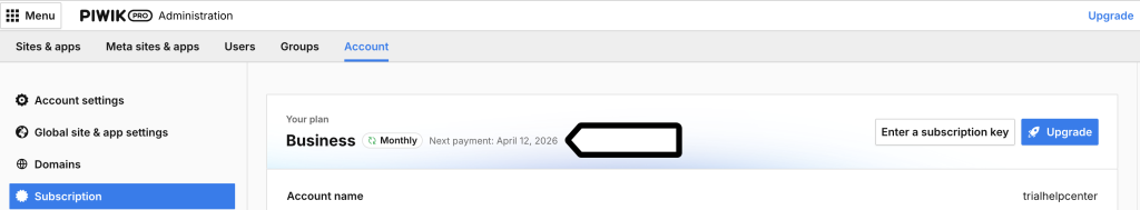 Checking your next payment in Piwik PRO Business plan settings
