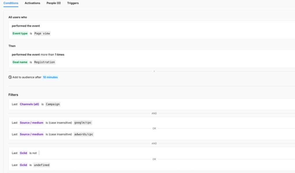 Audience conditions for creating an audience in Piwik PRO Data Activation