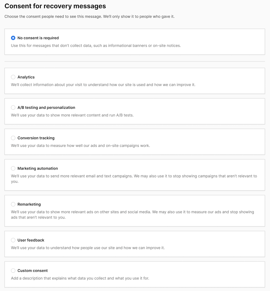 Selecting consent types for recover messages in funnel recovery in Piwik PRO Analytics