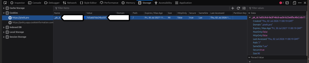 VisiVisitor ID in Firefox cookie storage