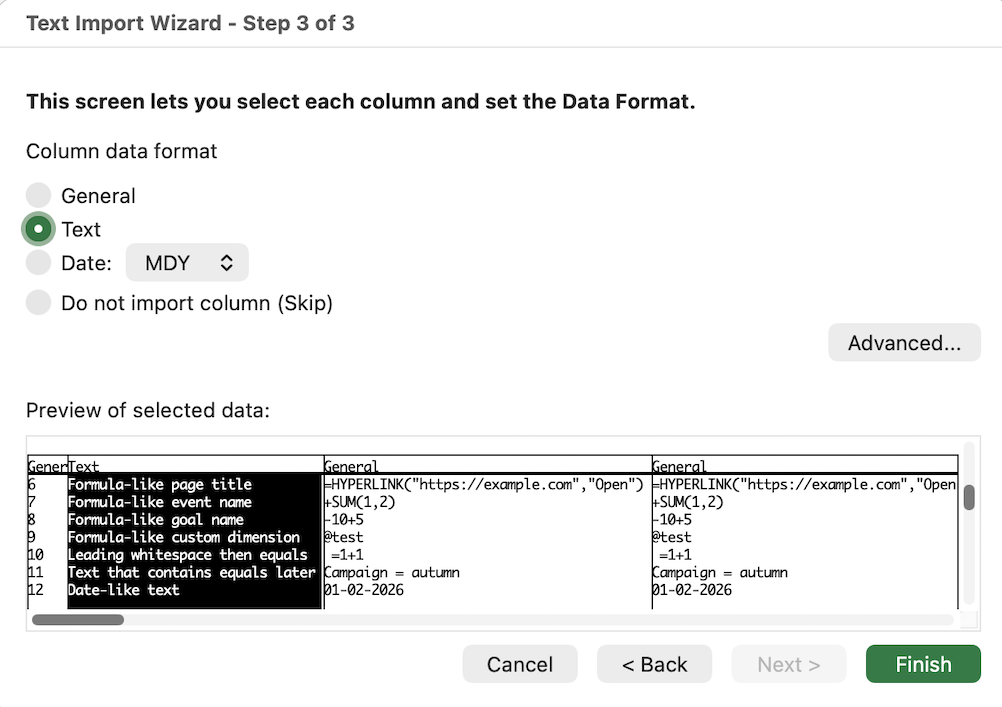Open CSV in Excel wizard's step 3