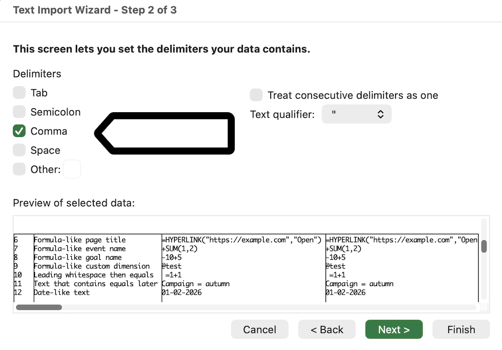 Open a CSV in Excel wizard's step 2

