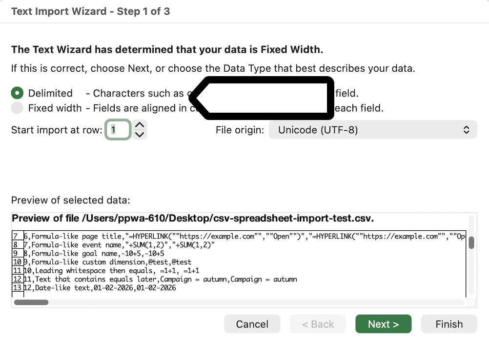 Open a CSV in Excel wizard's step 1
