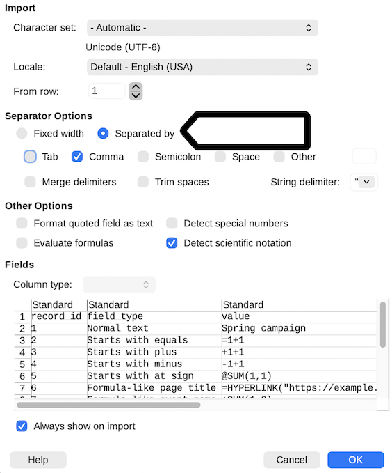Text import options in LibreOffice Calc