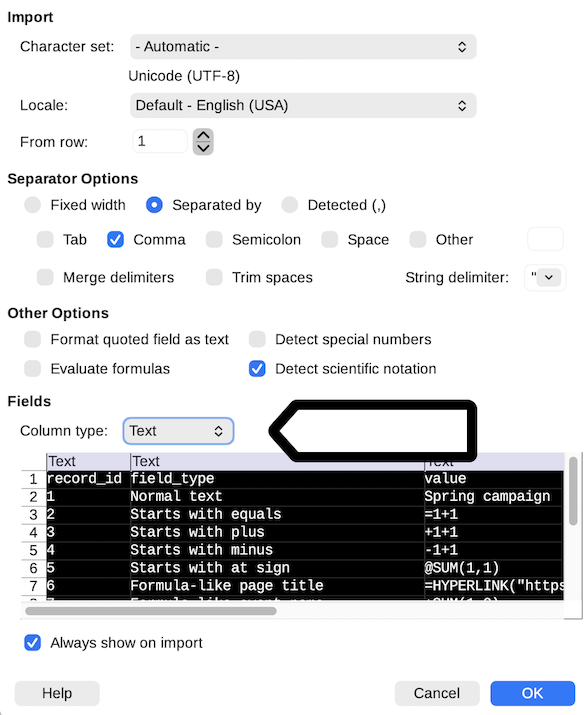 Text import options in LibreOffice Calc_Column type