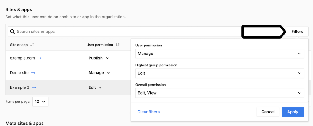 filtering user permissions in Piwik PRO account
