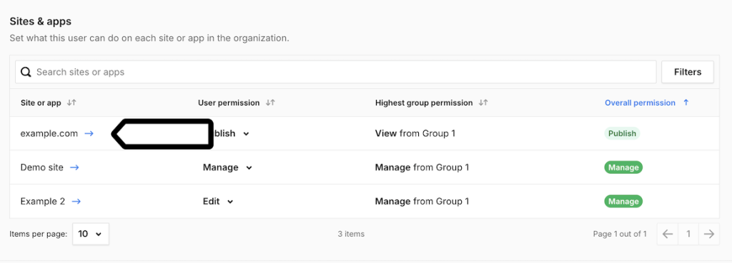 Selecting sites and apps in Piwik PRO user view
